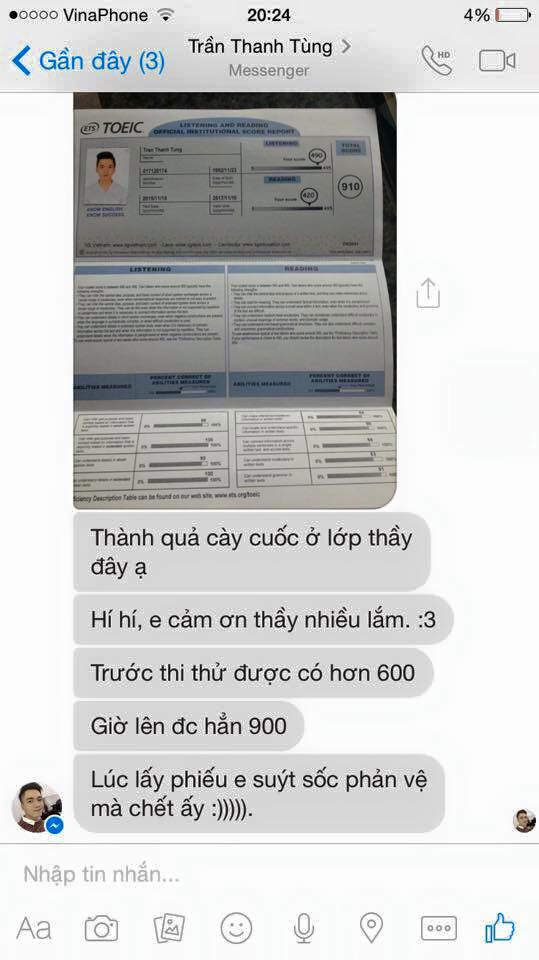 Tin nhắn báo điểm 910 Toeic của Tùng cho thầy Kim Tuấn